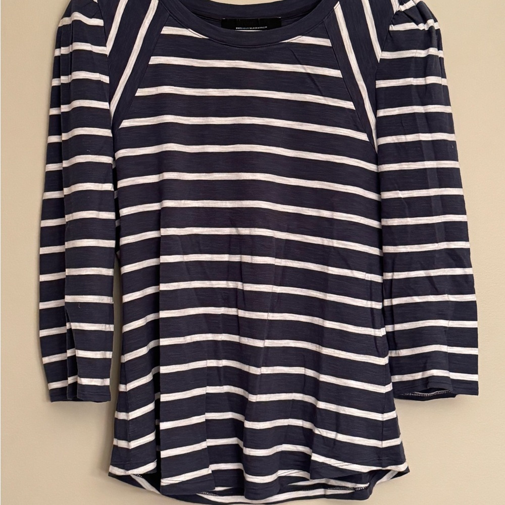 White House Black Market Blue and White Boxy 3/4 Sleeve T-Shirt